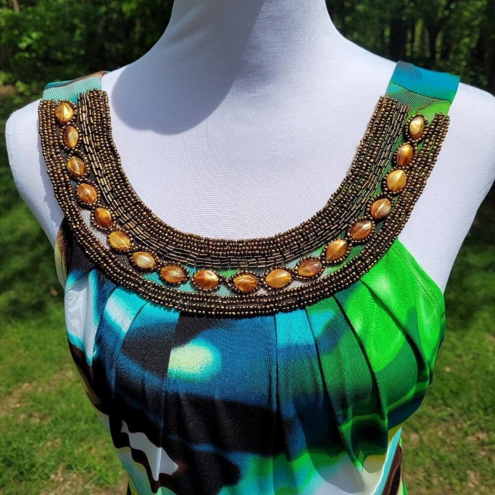Bisou Bisou Blue & Green Watercolor Dress w/ Copper Embellished Neckline size 14 - Picture 9 of 12